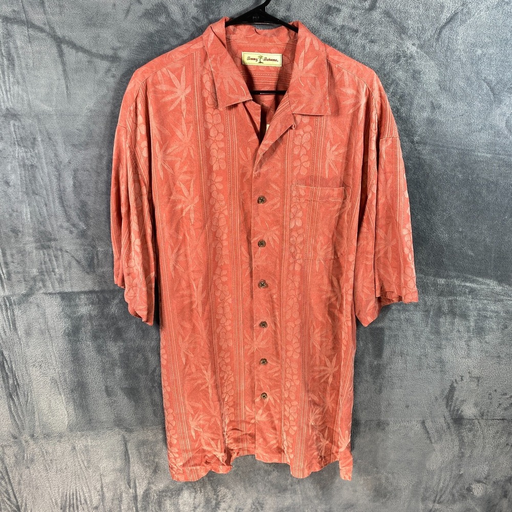 Tommy Bahama Shirt Mens XLT Pink Coral Hawaiian Floral 100% Silk Button Beach